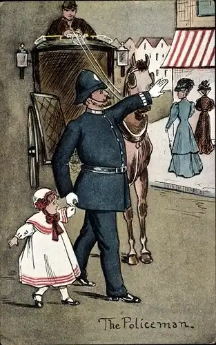 Künstler Ak The Policeman, Polizist begleitet Mädchen über die Straße, Kutsche, the Asher Series