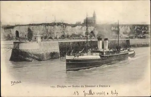 Ak Dieppe Seine Maritime, Sortie du Steamer France, Dampfer, CGT, French Line