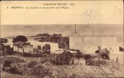 Ak Fès Fez Marokko, Colonne de Fez 1911, Medhya, Le Casbah et perspective sur l'Ocean