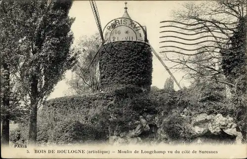 Ak Paris XVI, Bois de Boulogne, Moulin de Longchamp vu du cote de Suresnes