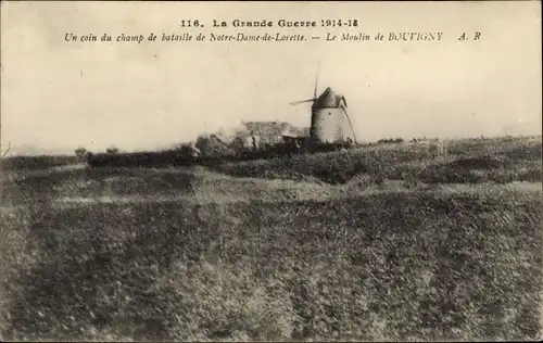 Ak Bouvigny Pas de Calais, Un coin du champ de bataille de Notre Dame de Lorette, Le Moulin