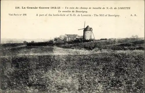 Ak Bouvigny Pas de Calais, Un coin du champ de bataille de Notre Dame de Lorette, Le Moulin