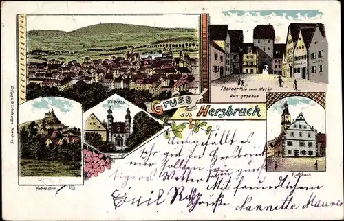 Litho Hersbruck im Nürnberger Land Bayern, Torpartie vom Markt gesehen, Schloss, Hohenstein, Rathaus