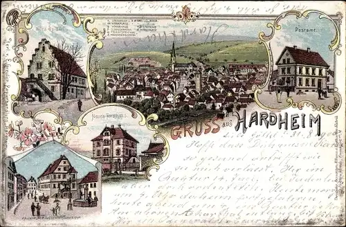 Litho Hardheim im Odenwald Baden, Altes Spital, Postamt, Neues Forsthaus, Marktplatz