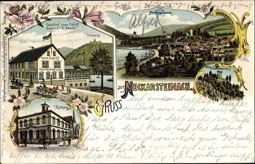 Litho Neckarsteinach in Hessen, Rathaus, Gasthof zum Schiff, Schloss, Gesamtansicht