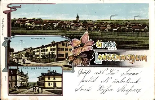 Litho Langenaltheim in Mittelfranken, Hauptstraße, Krankenhaus, Schulhaus, Panorama