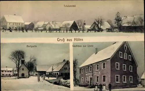 Ak Höfen Nürnberg in Mittelfranken, Gesamtansicht im Winter, Gasthaus zur Linde, Dorfpartie