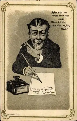Litho Mann mit Zigarre schreibt einen Brief, Tintenfass, Feder