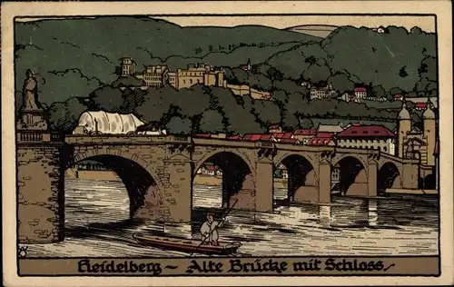 Steindruck Ak Heidelberg am Neckar, Alte Brücke mit Schloss