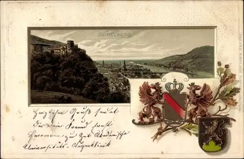 Präge Wappen Passepartout Litho Heidelberg am Neckar, Schloss, Panorama