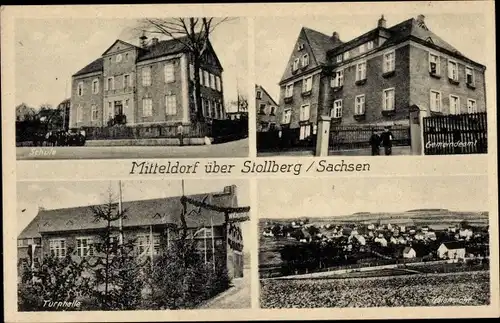Ak Mitteldorf Stollberg im Erzgebirge, Schule, Gemeindeamt, Turnhalle, Gesamtansicht