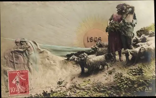 Ak Plastik von Domenico Mastroianni, Glückwunsch Neujahr, 1909, Sonnenaufgang, Allegorie