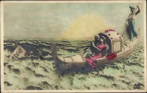 Ak Plastik von Domenico Mastroianni, Liebespaar im Ruderboot, Allegorie, Sonnenaufgang