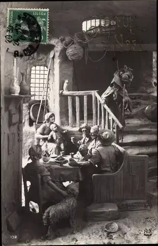 Ak Plastik von Mastroianni Domenico, Familie, Bauernstube, Hund, Tisch