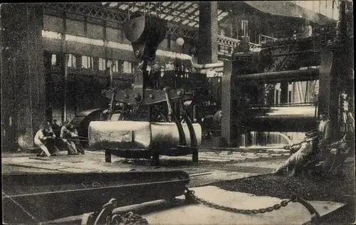 Ak Essen im Ruhrgebiet Westfalen, Krupps Fabrik, Auflegen eines Blocks, Panzerplattenwalzwerk