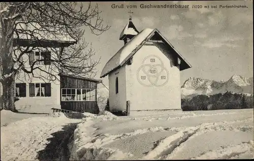 Ak Garmisch Partenkirchen in Oberbayern, Gschwandnerbauer, Kapelle, Winter