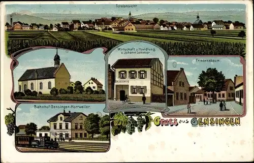 Ak Gensingen in Rheinhessen, Kirche, Bahnhof Horrweiler, Friedensbaum, Gastwirtschaft Johann Lemmer