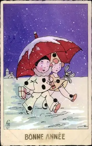 Ak Glückwunsch Neujahr, Bonne Année, Pierrot und Pierrette, Schirm, Schnee