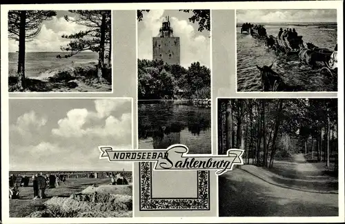 Ak Sahlenburg Cuxhaven in Niedersachsen, Wattwagen nach Neuwerk, Menkestieg im Wernerwald, Strand