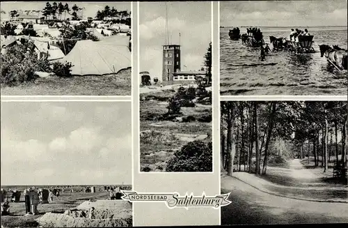 Ak Sahlenburg Cuxhaven in Niedersachsen, Wattwagen nach Neuwerk, Menkestieg im Wernerwald, Strand