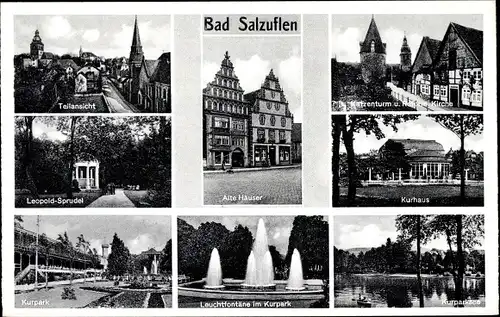 Ak Bad Salzuflen in Lippe, Leuchtfontäne, Kurpark, Leopoldsprudel, Alte Häuser, Kurhaus, Katzenturm
