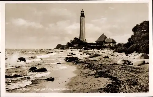 Ak Orth Insel Fehmarn, Leuchtturm Flügge, Strand