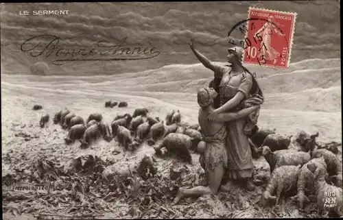 Ak Plastik von Domenico Mastroianni, Le Serment, Hirte, Schafherde