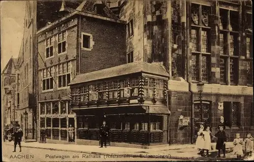 Ak Aachen in Nordrhein Westfalen, Postwagen am Rathaus, Restaurant Eulenspiegel