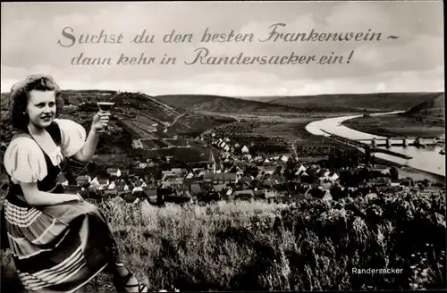 Ak Randersacker am Main Unterfranken, Gesamtansicht, Frau mit Weinglas