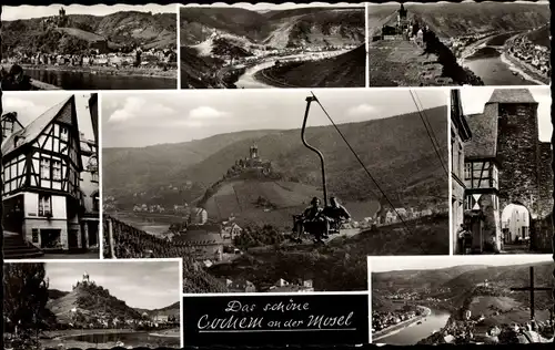 Ak Cochem an der Mosel, Ort mit Umgebung, Seilbahn Partie, Fachwerkhaus