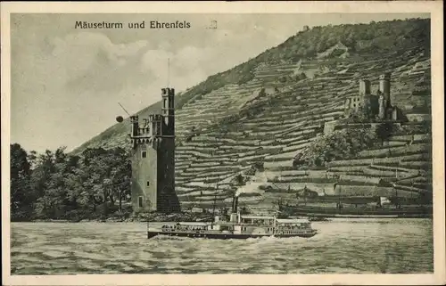 Ak Bingen am Rhein, Salondampfer, Ruine Ehrenfels, Mäuseturm