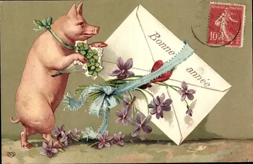 Präge Ak Glückwunsch Neujahr, Schwein mit Briefumschlag, Kleeblätter, Veilchen