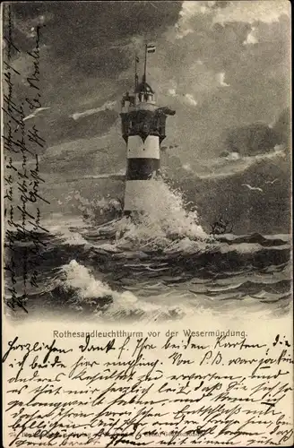 Ak Rotesand Leuchtturm vor der Wesermündung, stürmische See