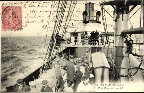 Ak En Route pour Alger, Le Pont Paquebot, An Bord eines franz. Fährschiff