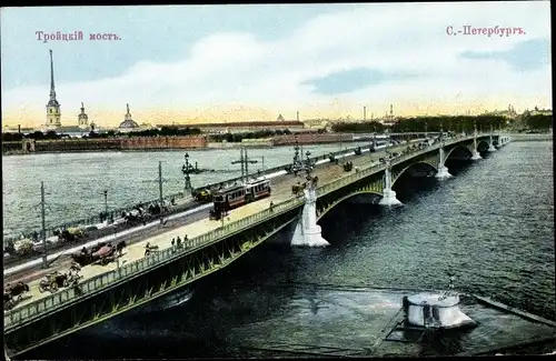 Ak Sankt Petersburg Russland, Brückenpartie, Tram