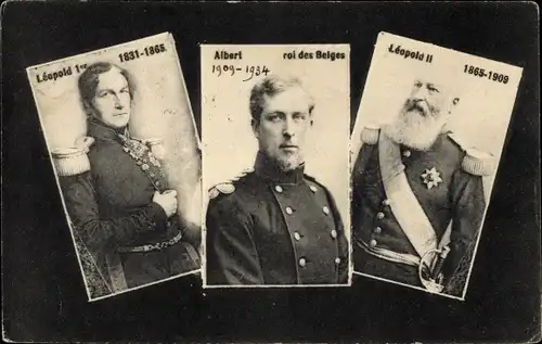 Ak König Leopold I., König Albert roi des Belges, König Leopold II.