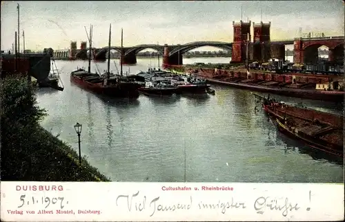 Ak Duisburg im Ruhrgebiet, Cultushafen, Rheinbrücke