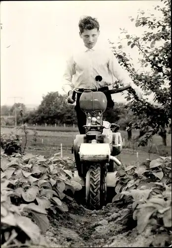 Foto Ak Junge mit Motorhacke in einem Garten