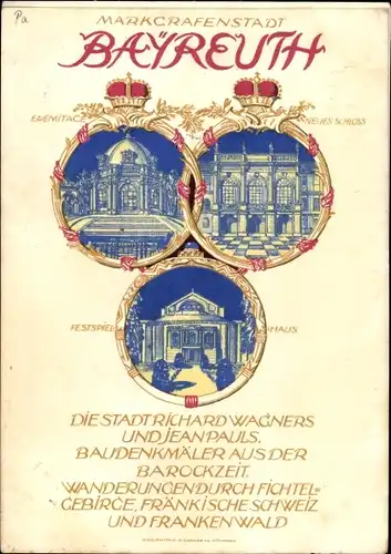 Künstler Ak Bayreuth in Oberfranken, Eremitage, Neues Schloss, Festspielhaus, Richard Wagner