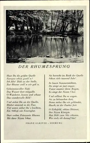 Ak Rhumspringe in Niedersachsen, Rhumequelle, Rhumesprung, Gedicht v. Franz Gleitze