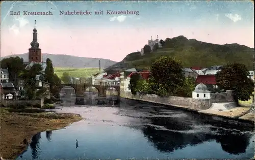 Ak Bad Kreuznach in Rheinland Pfalz, Nahebrücke mit Kauzenburg