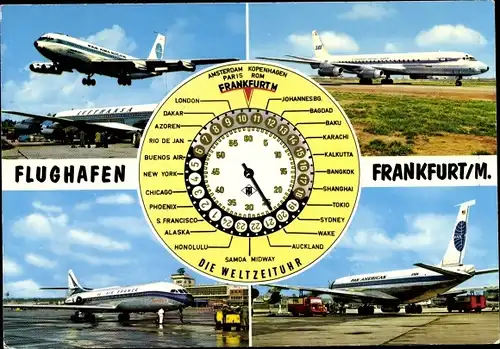 Ak Frankfurt am Main, Flughafen, Weltzeituhr, Passagierflugzeuge