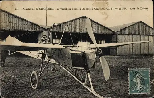 Ak Chartres Eure et Loir, Aerodrome, C. Vailet sur nouveau Monoplan Gregoire, G. Y. P.