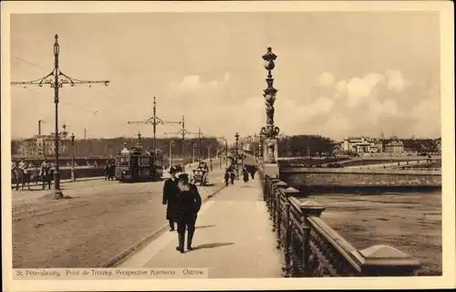 Ak Sankt Petersburg Russland, Pont de Troizky, Perspective Kameno, Tram