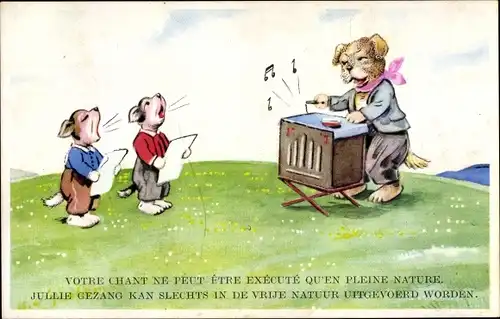 Künstler Ak Vermenschlichte Hunde, Leierkastenmann, singende Hundekinder