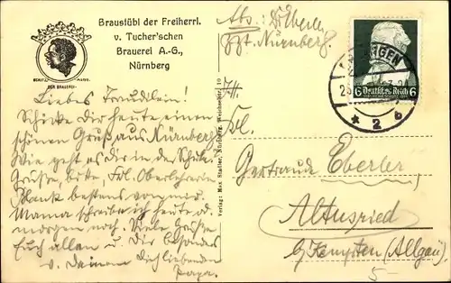 Ak Nürnberg in Mittelfranken, Bräustübl der Freiherrl v Tucherschen Brauerei AG, Tucher Bräu