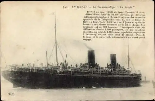 Ak Le Havre Seine Maritime, Le Transatlantique La Savoie, CGT, French Line