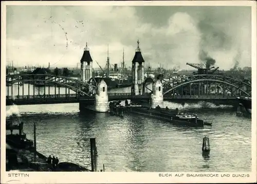 Ak Szczecin Stettin Pommern, Blick auf Baumbrücke und Dunzig