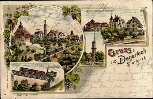 Litho Degerloch Stuttgart in Württemberg, Auffahrt der Zahnradbahn, Turm