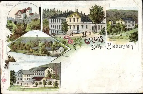 Litho Bieberstein Reinsberg in Sachsen, Zollhaus, Schloss, Mühle